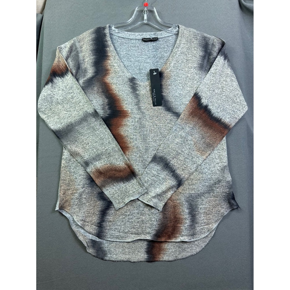 Nally & Millie Women V-Neck Abstract Tie Dye Knit Top Grey Brown F68-488 Medium